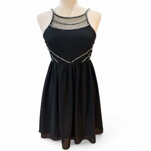 GB Black Cocktail Mini Dress Mesh and Silver Beaded Accents Size XS